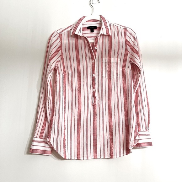 J.Crew‎ Women’s 1/2 Button Front Shirt Size 0 Red White Stripe Long Sleeves - Picture 1 of 8